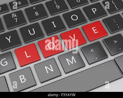 3D Renderer Bild. Computer-Tastatur mit Love Buttons/Anstecker. Liebe-Konzept zu finden. Stockfoto