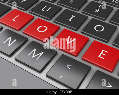 3D Renderer Bild. Computer-Tastatur mit Love Buttons/Anstecker. Liebe-Konzept zu finden. Stockfoto