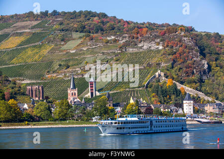 Bacharach ein kleines Weindorf in den Rhein Valley Gebiet, historische Altstadt, altes Schloss und Stadt Wand in th inmitten von Weinbergen Stockfoto