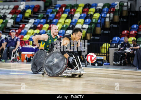 Australien besiegten Japan 65-62 bei Welt Rollstuhl Rugby-Challanege am Coperbox, Queen Elizabeth Park, London, UK.  13. Oktober 2015. Copyright Carol Moir/Alamy live-Nachrichten. Stockfoto