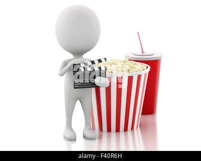 3D weißer Mann mit Klappe und popcorn Stockfoto