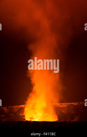 Baum in der Silhouette bei Dämmerung, glühende Lava, Kilaueea Caldera Vulkan, Hawai ' i Volcanoes National Park, Big Island, Hawaii, USA Stockfoto