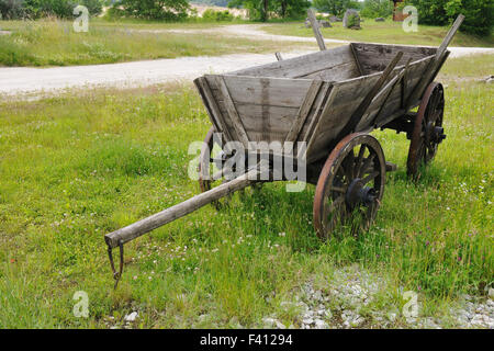 alten Stil Holzwagen auf der grünen Wiese Stockfoto