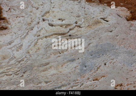 Einem trockenen Ort der alten Mineral- und Bakterien Formationen erstellt von vulkanischen Hot Wasserfluss im Yellowstone National Park. Stockfoto