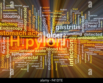 Hintergrund-Konzept Wordcloud Illustration von H.pylori gleißenden Licht Stockfoto