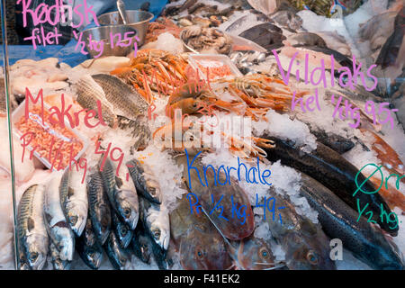 Der kalte Theke an der Fischhändler Stand in der überdachten Markt, Torvehallerne am Israels Plads, Copenhagen. Stockfoto