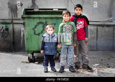 Drei Zigeuner (Roma) jungen stehen vor einem Müllcontainer. Stockfoto