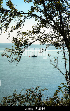 Eine einsame Yacht ankern in der Mündung des Flusses Taf. Stockfoto