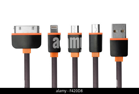 USB Ladegerät Kabel Stecker Set isoliert auf weiss Stockfoto