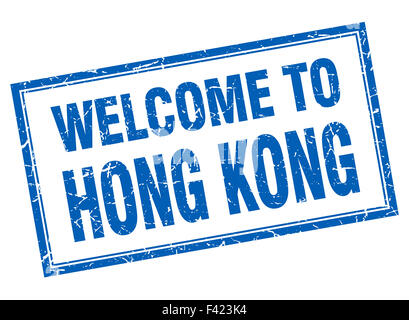 Hong Kong blauen quadratischen Grunge willkommen isoliert Stempel Stockfoto