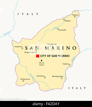 San Marino politische Karte mit Kapital Stadt von San Marino, Landesgrenzen, wichtige Städte und Flüsse. Englisch beschriften. Stockfoto