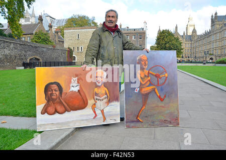 London, UK. 14. Oktober 2015. Satirische Künstler Kaya Mar außerhalb der Houses of Parliament wie der neuen Labour-Chef Jeremy Corbyn teilnimmt in seinem zweiten Fragen des Premierministers innen Credit: PjrNews/Alamy Live News Stockfoto