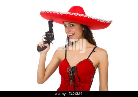 Frau mit roten Sombrero isoliert auf weiss Stockfoto