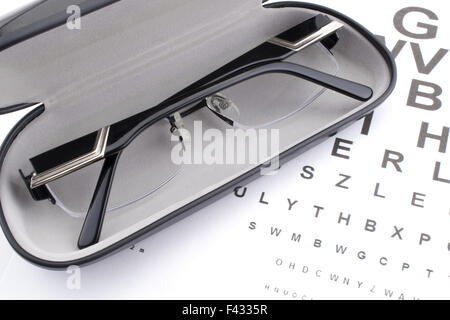 Brillen in einem schwarzen Gehäuse und Sehtafel Stockfoto