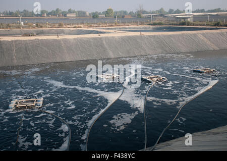 Abwasser-Aufbereitungsanlage. Das aufbereitete Wasser wird dann für die Bewässerung und landwirtschaftliche Nutzung verwendet. In der Nähe von Hadera, Kolombien fotografiert Stockfoto