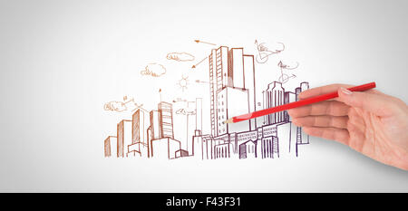 Zusammengesetztes Bild von Hand mit rotem Stift Stockfoto
