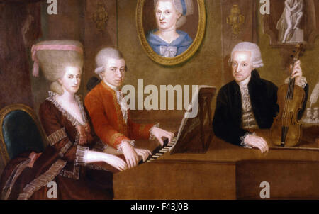 Die Familie MOZART Gemälde von Johann Croce über 1780. Von links Maria Anna (Großmutter), Mozart selbst, seiner verstorbenen Mutter Anna Maria in einem Porträt und Vater Leopold Stockfoto