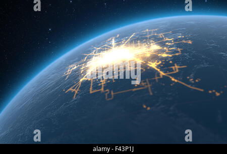 Eine generische Welt Planet mit beleuchteter Citylights auf einem dunklen Raum-Hintergrund Stockfoto