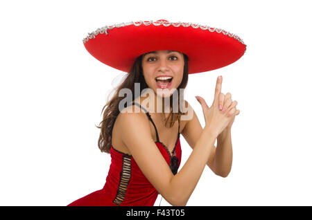 Frau mit roten Sombrero isoliert auf weiss Stockfoto