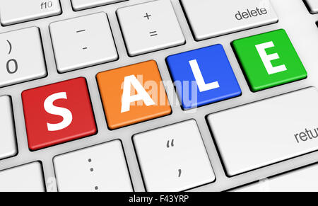 Online-Vertrieb und Verkauf Zeichen und Buchstaben auf bunten Laptop Computer Tastatur 3D-Illustration-shopping-Konzept. Stockfoto