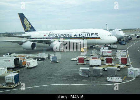 Arbeiter Laden & Entladen Container ein- und Ausschalten Flugzeuge am Flughafen JFK in New York City. Stockfoto