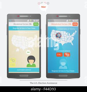 Smartphone-Symbole und die Vereinigten Staaten Präsidentschaftswahlen Hilfe Anwendung mit USA-Karte. Vektor Regierung Unterstützung con Stock Vektor