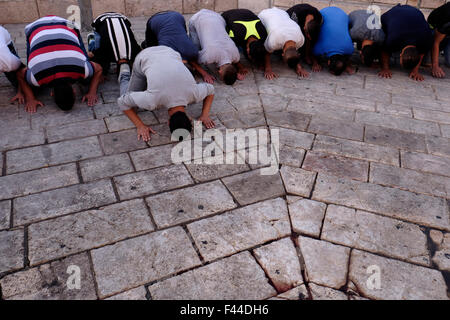 Jerusalem, Israel. 14. Oktober 2015. Palästinenser Heilungsgebet eine Blutspur eines palästinensischen Mannes tot außerhalb Damaskus-Tor in einen gescheiterten Messer-Angriff erschossen wurde. Ost-Jerusalem, Israel am 14. Oktober 2015 Israel die Szene mehrere Messer-Angriffe in den letzten Wochen, Dutzende Menschen verletzt und mehrere Tote auf beiden Seiten wurde. Viele befürchten, dass die Aufstände zu einem Endwert Konflikt zwischen Israel und Palästina führen werden. Bildnachweis: Eddie Gerald/Alamy Live-Nachrichten Stockfoto