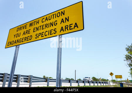 Florida Keys, Big Pine Key, Schlüsselhirsche, gefährdete Arten, Warnschild, mit Vorsicht fahren, FL150510010 Stockfoto