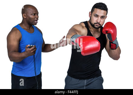 Boxtrainer mit seinem Kämpfer Stockfoto