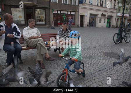 Kleiner Junge jagt Tauben auf seinem Fahrrad in der Stadtmitte, Zielona Gora, Polen. Stockfoto