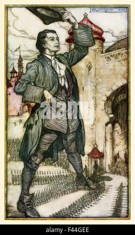 "Der Kaiser von Lilliput reviews seine Truppen" aus "Teil I: A Reise nach Lilliput" in "Gullivers Reisen" von Jonathan Swift (1667-1745), Illustration von Arthur Rackham (1867-1939). Siehe Beschreibung für mehr Informationen. Stockfoto