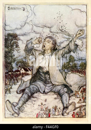 Gulliver Release from the Strings Raises and Stretches yourself aus Part I: A Voyage to Lilliput in Gulliver’s Travels von Jonathan Swift (1667–1745), Illustrationen von Arthur Rackham (1867–1939). Fotografiert aus einer Ausgabe von 1909. Weitere Informationen finden Sie in der Beschreibung. Stockfoto