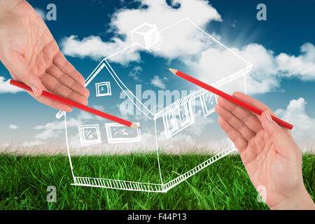 Zusammengesetztes Bild von Hand mit rotem Stift Stockfoto