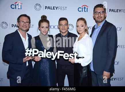 New York, NY, USA. 14. Oktober 2015. Christian Slater, Carly Chaikin, Rami Malek, Portia Doubleday, Sam Esmail in Anwesenheit für PaleyFest New York: Mr. ROBOT, The Paley Center for Media, New York, NY 14. Oktober 2015. Bildnachweis: Derek Sturm/Everett Collection/Alamy Live-Nachrichten Stockfoto