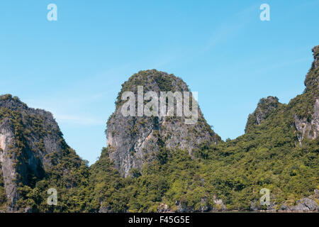 alten Kalkstein Inseln in Bai Tu long Bucht, Teil der Halong-Bucht eine UNESCO Welt Kulturerbe Website, Vietnam, Asien Stockfoto