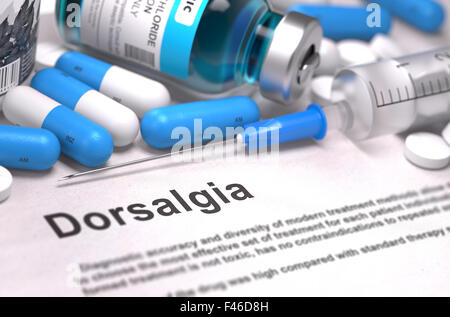 Diagnose - Dorsalgia. Medizinisches Konzept. 3D Render. Stockfoto