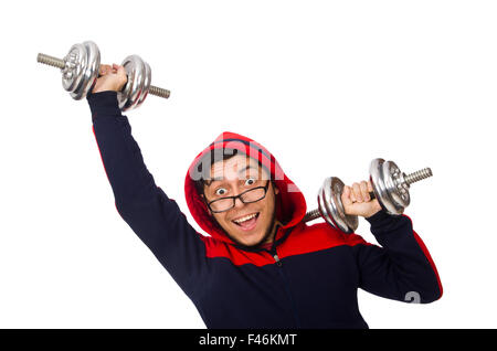 Junger Mann mit Hanteln isoliert auf weiss Stockfoto