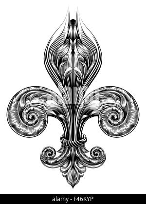 Fleur de Lis dekoratives Gestaltungselement oder heraldische Symbol in einem Vintage Holzschnitt-Stil Stockfoto