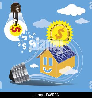 Das Konzept des Sparens des Geldes durch die Verwendung von sauberer Energie von der Sonne. Bau von Sonnenkollektoren auf den Dächern der Häuser. Vektor-ich Stock Vektor