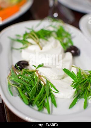 Libanesische Küche Starter, Labneh Scheiben mit Thymian und Oliven garniert. Ein Foto von ein sehr typisches Gericht aus Libanon und Mittelmeer c Stockfoto