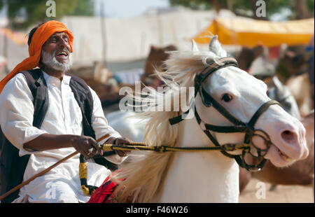 Ein nicht identifizierter Fahrer auf einem weißen Pferd besucht auf der Pushkar Messe in Pushkar, Rajasthan, Indien Stockfoto