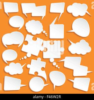 Glänzend weißes Papier Luftblasen für die Rede auf einem orangefarbenen Hintergrund. Vektor-illustration Stock Vektor