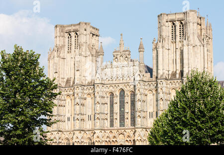 Westfassade des Brunnen Cathedral,Somerset,England,U.K., West, vorne, Kathedrale, Wells, Somerset, Saint Andrew, Stockfoto