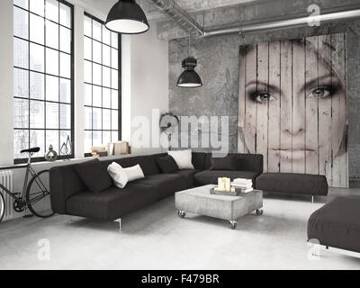 Wohnzimmer eines Penthouses. 3D-Rendering Stockfoto