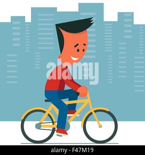 Cartoon junge Mann mit dem Fahrrad. Stadtbild Hintergrund. Stock Vektor