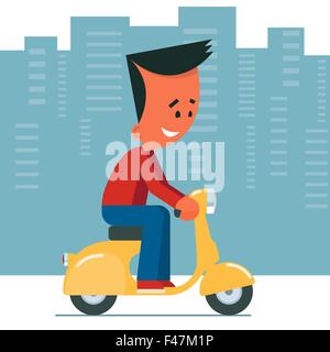 Cartoon junge Mann einen Motorroller. Stadtbild Hintergrund. Stock Vektor