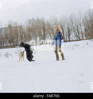 Skandinavische Frau mit Hunden im Schnee, Schweden. Stockfoto