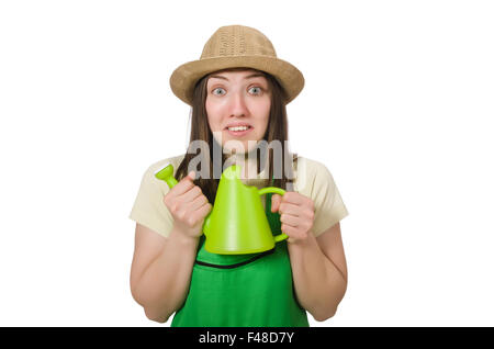 Frau mit Wasser kann isoliert auf weiss Stockfoto