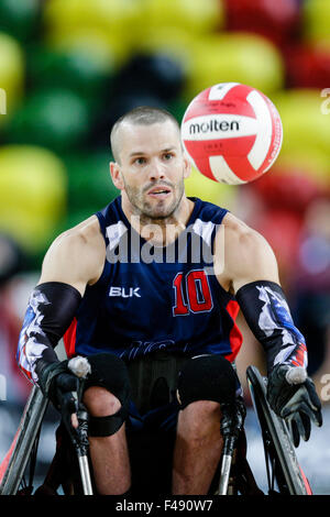 Copperbox, London, UK. 15. Oktober 2015. BT-Welt Rollstuhl Rugby Challenge 2015. USA vs. Australien Halbfinale. USAS Josh Wheeler in Aktion Credit: Action Plus Sport/Alamy Live News Stockfoto