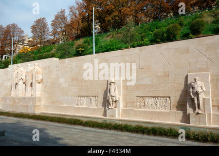 Reformation-Wand mit Statuen von Guillaume Farel, John Calvin, Theodore Beza und John Knox, Genf, Schweiz Stockfoto